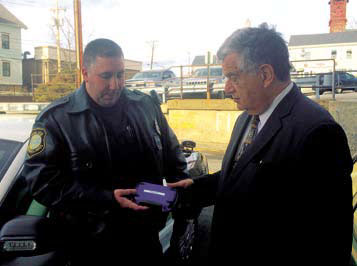 Haverhill Police Officer Trocki and Mayor James J. Fiorentini with Narcan.