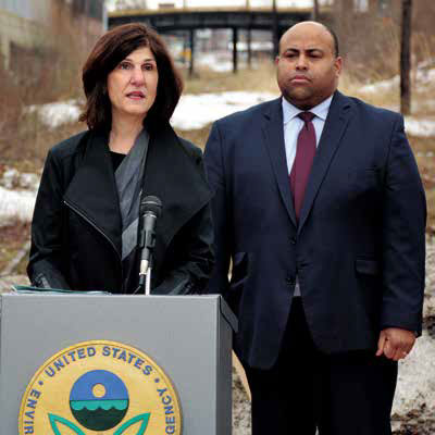 Nancy Barmakian, of the Enviromental Protection Agency (EPA) announcing a $200,000 grant to plan for the future reuse and revitalization of the Manchester & Lawrence Rail Road (MLRR) line. Also pictured is Lawrence Mayor Daniel Rivera.